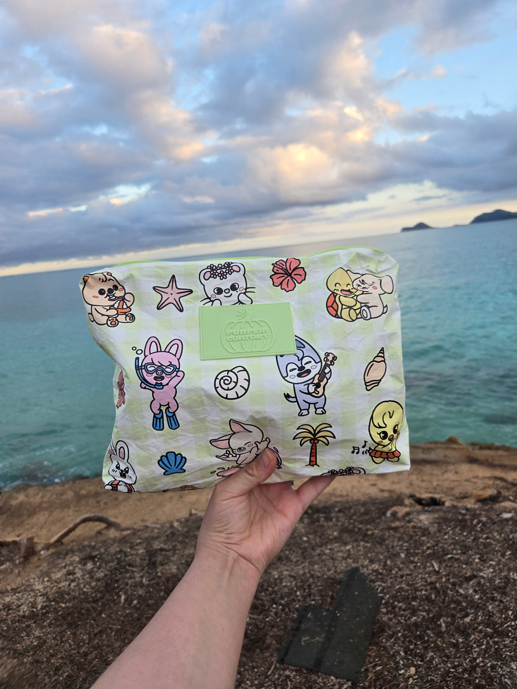 Hand holding the medium pouch with the beautiful beach waves as the backdrop the medium pouch is covered in straykids characters on Vacation in hawaii each of them having so much fun.